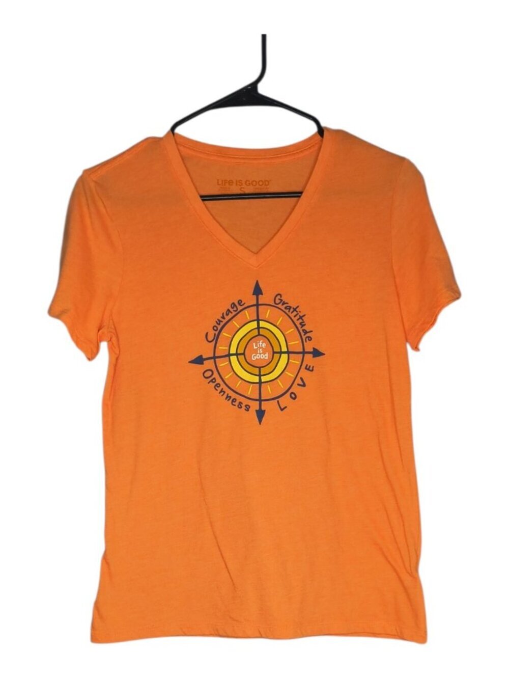 Life Is Good Women's Size Small V Neck T Shirt Courage, Gratitude, Openness Love